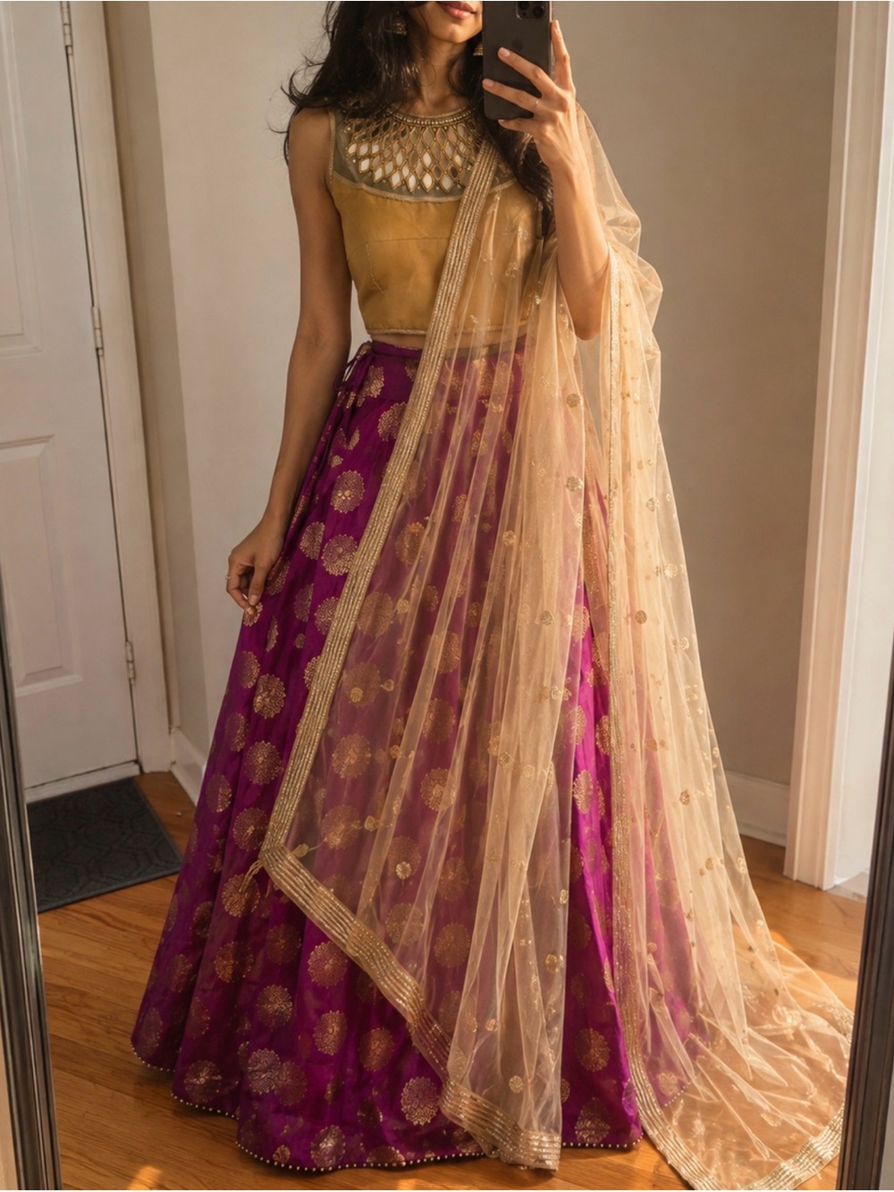 New Embroidered Gold Mirror Work Crop Lehenga